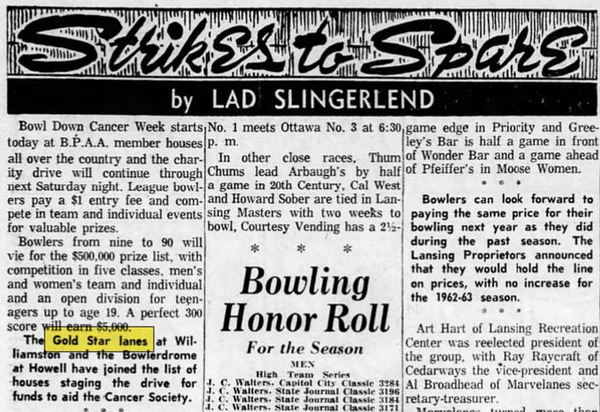 Gold Star Lanes - April 1962 Column